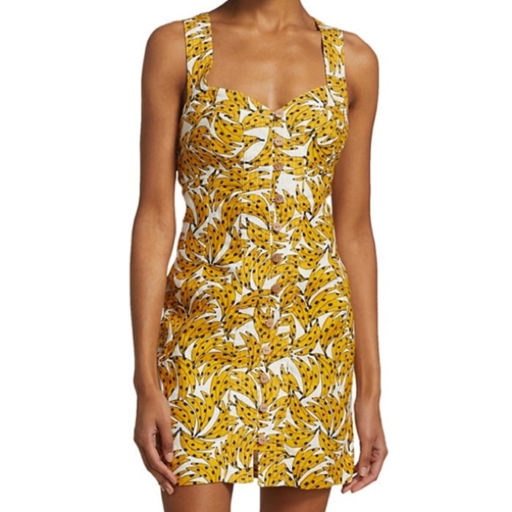 Farm Rio Spotted Bananas Cross-Back Linen Mini Fruit Dress